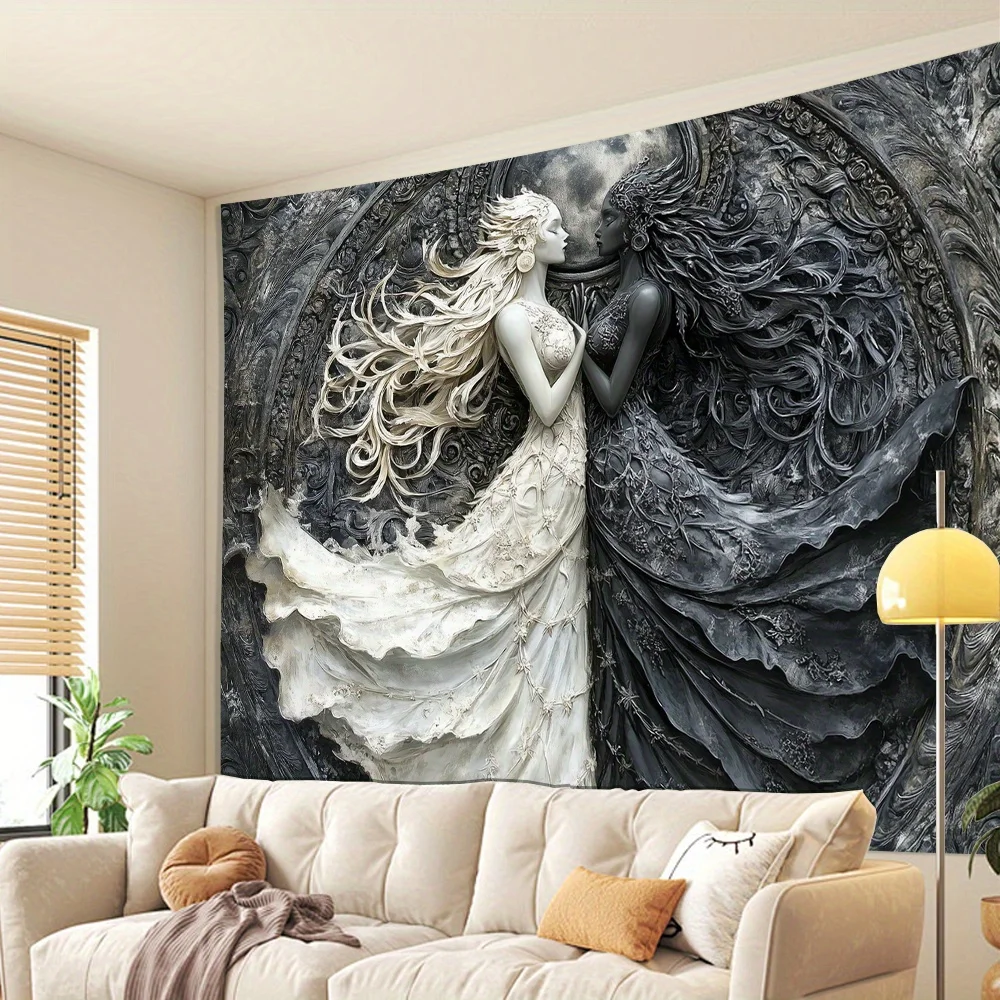 1pc Glam Style 3D Angel Wall Tapestry, Polyester Black and White Visual Effect Hanging Decor for Living Room, Bedroom, Office, P