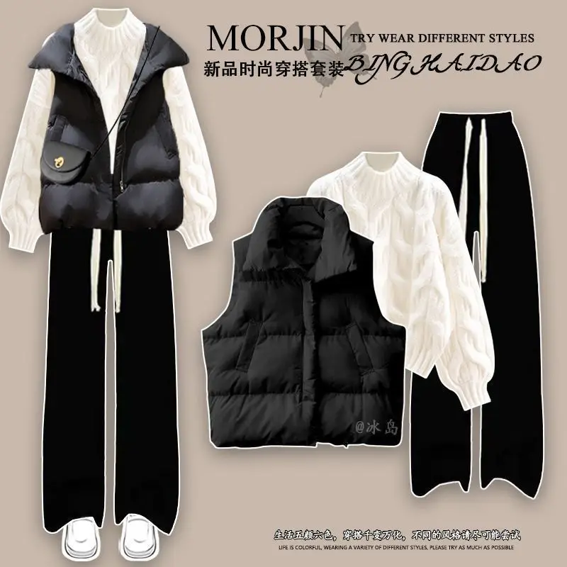 Set autunno e inverno nuovo gilet da donna in cotone con maglione lavorato a maglia rosso pantaloni Casual dimagranti Set di tre pezzi