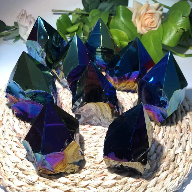 Rainbow Titanium Aura Black Obsidian Point Tower Magical Stunning Semi-polished Cut Irregular Raw Volcanic Grid Crystal Obelisk