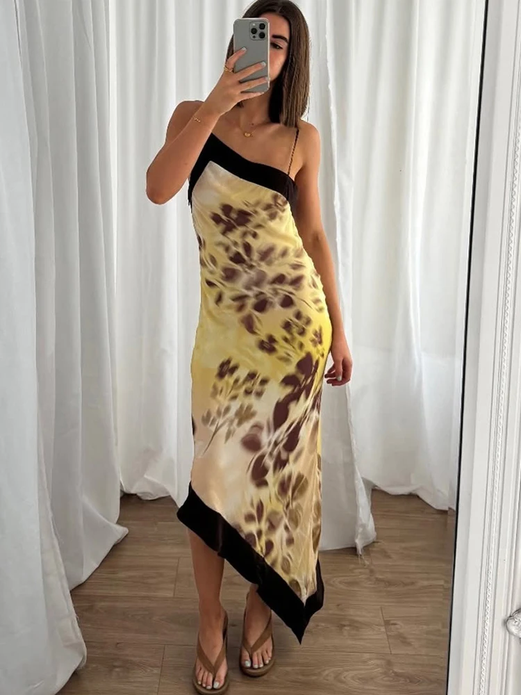 Nibber Sling-Kleid mit unregelmäßigem Saum und Pflaumenblüten-Print für Damen, Sommertrend, schräger Kragen, rückenfrei, Streetwear, eleganter Stil, lang, figurbetont – Detail 15