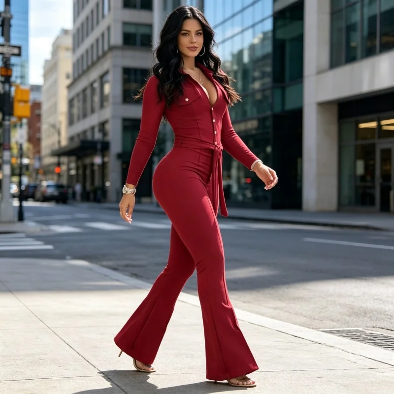 Jumpsuit Women 2026 Autumn Fashion Button Casual Turn-Down Collar Long Sleeve Skinny Bootcut Jumpsuit with Belt Y2K Streetwear