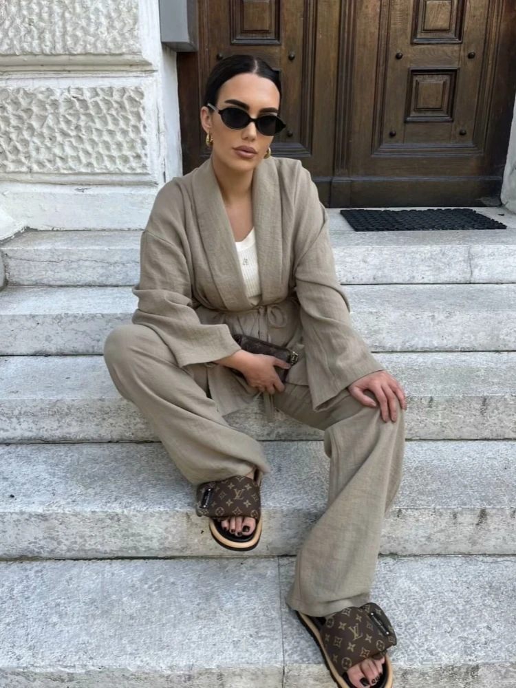 Solid Linen Women\'s Pants Suit Solid Khaki Lace-Up Long Sleeve Cardgian Blouse+ Elastic Waist Wide Leg Pants Streetwear