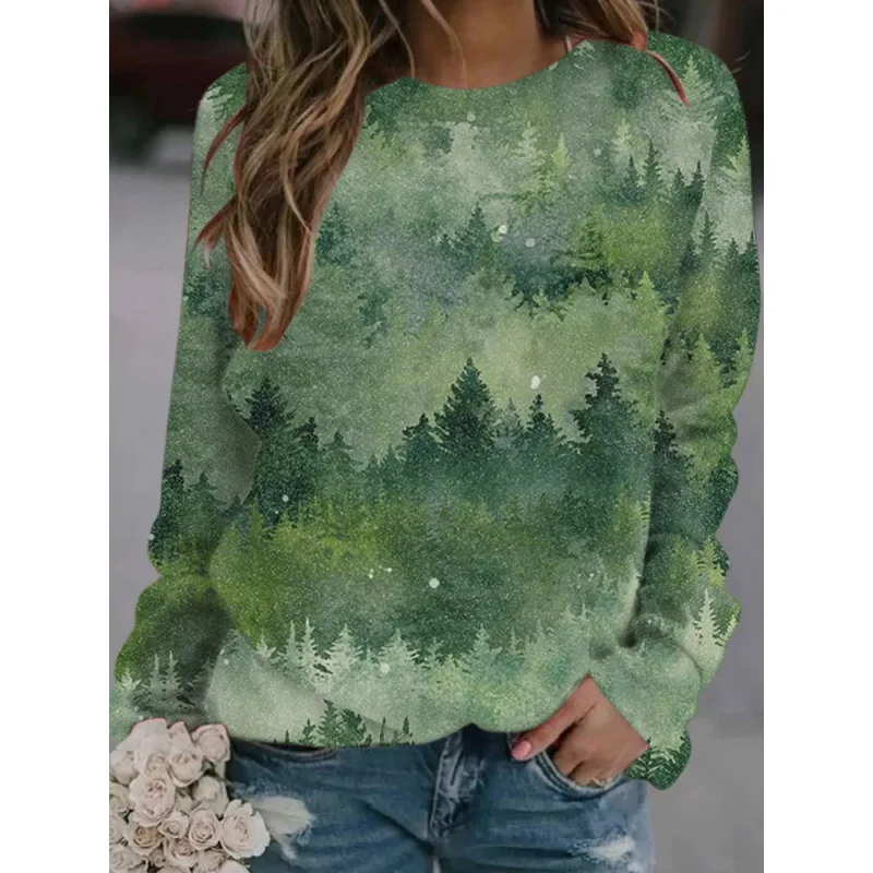 Chándales con estampado 3d de árboles de bosque para mujer, sudaderas informales de cuello redondo, Top de manga larga, ropa de gran tamaño