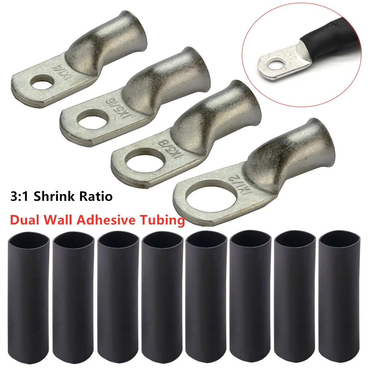5PCS Copper Ring Uninsulated Terminals Lug Bare Battery Welding Cable Wire Connectors Heat Shrink Tubing Kit 0-8AWG