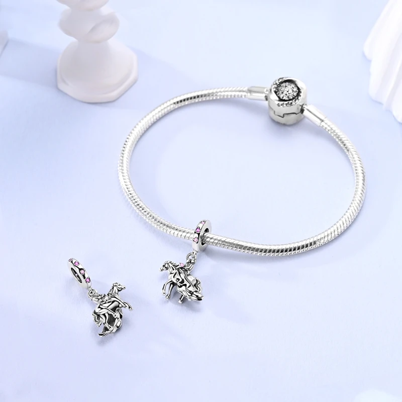 925 Sterling Silver Prince White Horse Charm Beads Sparkling Zircon Dangle Fit Original Bracelet DIY Women Birthday Jewelry Gift
