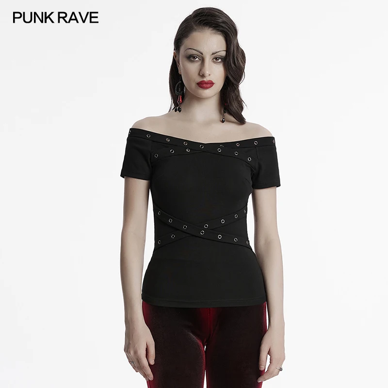 

PUNK RAVE Women's Gothic Generous Sexy Off-shoulder T-shirt Cross Loops Design Daily Black Tops Tees Harajuku Women Clothes