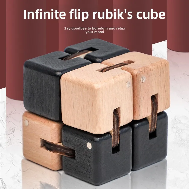 Natural Wood Infinite Flip Cube Adult Anxiety Relief Fidget Toy & Children's Brain Training Block Primary School Gift