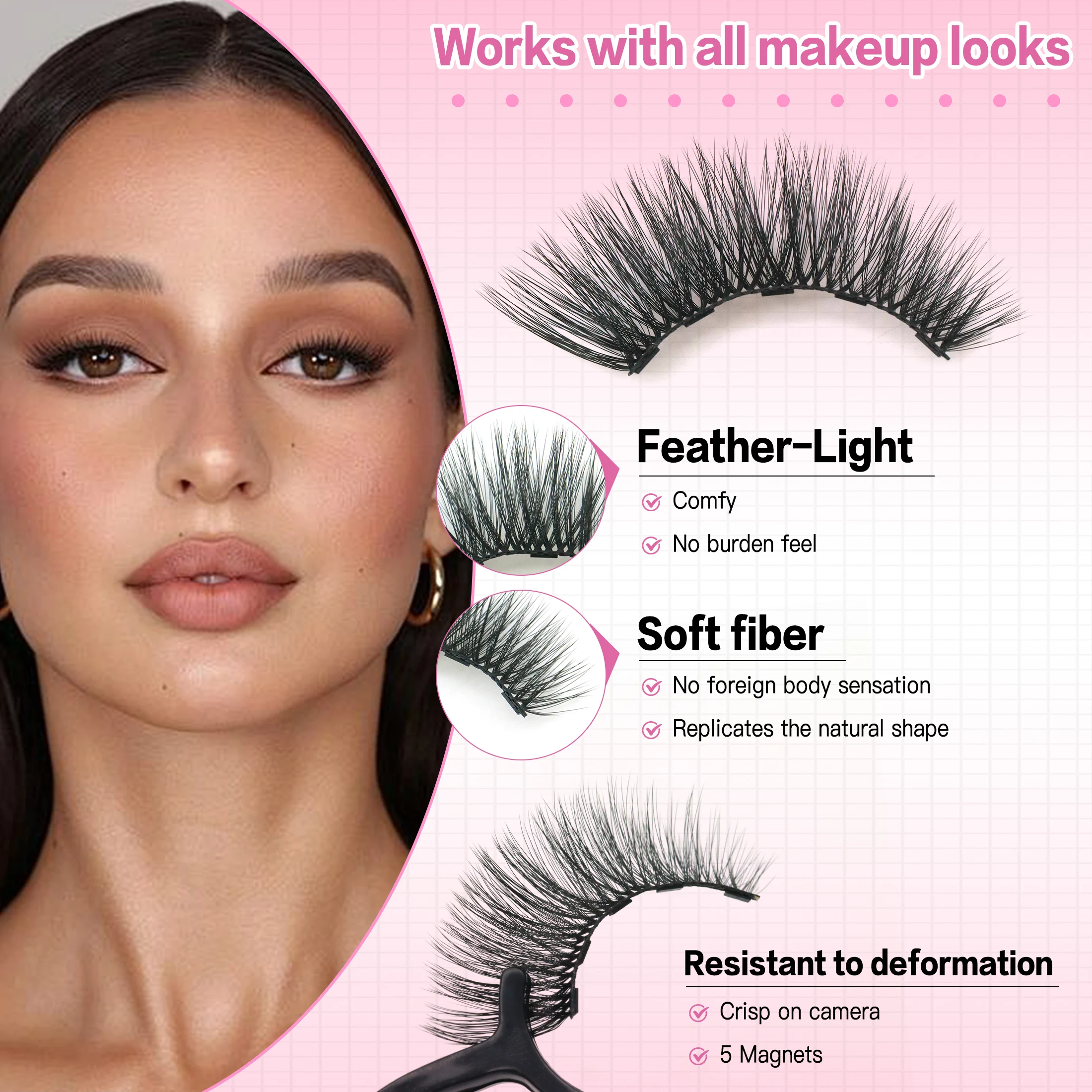 3-teiliges magnetisches Wimpern-Eyeliner-Pinzetten-Set, 3D-Nerzwimpern, natürliche künstliche falsche Wimpern, flauschiges Wispy-Volumen