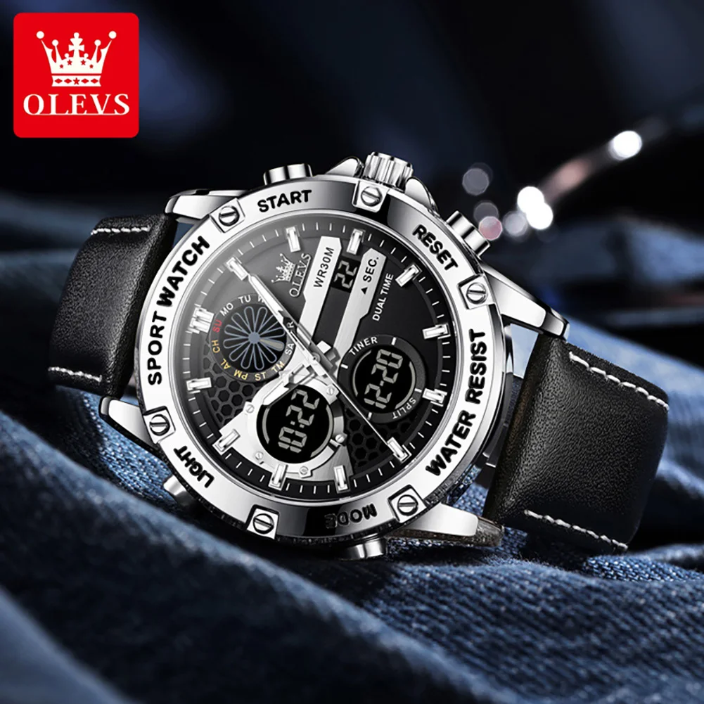 OLEVS 1110 New Men's Quartz Watches Fashion Leather Strap Causal Waterproof Luminous Dual Time Sports Electronic Watches for Men
