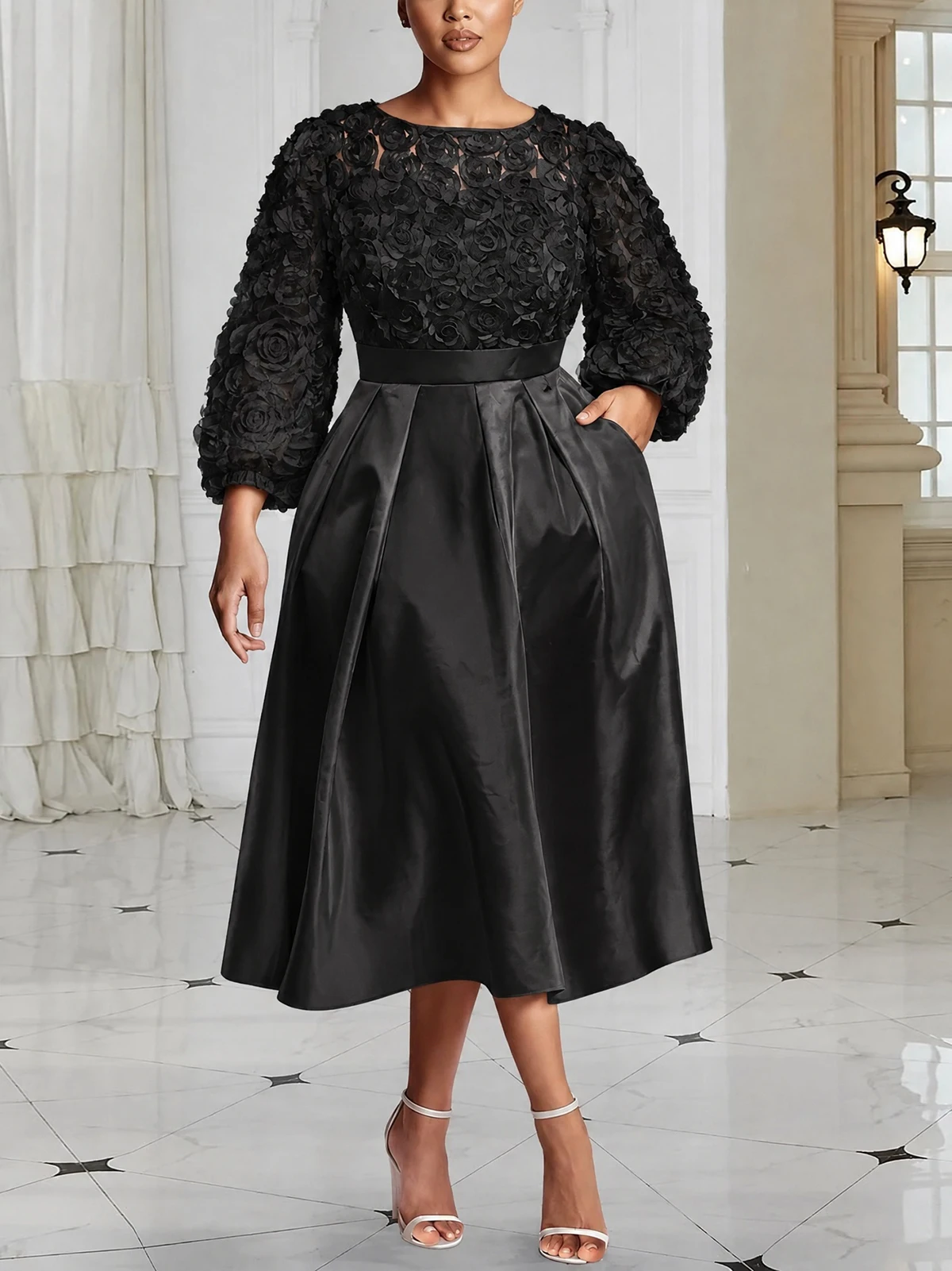 Plus Size Women 3D Floral Satin Evening Dress Round Neck 3/4 Sleeve Satin Pleated A-Line Formal Party Wedding Guest Midi Dresses