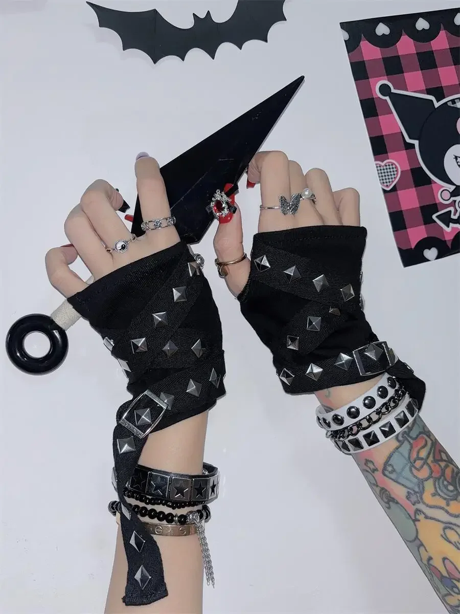 Gothic Harajuku Punk Black Glove Women Half Finger Length Sleeve Hip Hop Metal Pin Punk Rivet Cosplay Streetwear Hot Girl Y2k