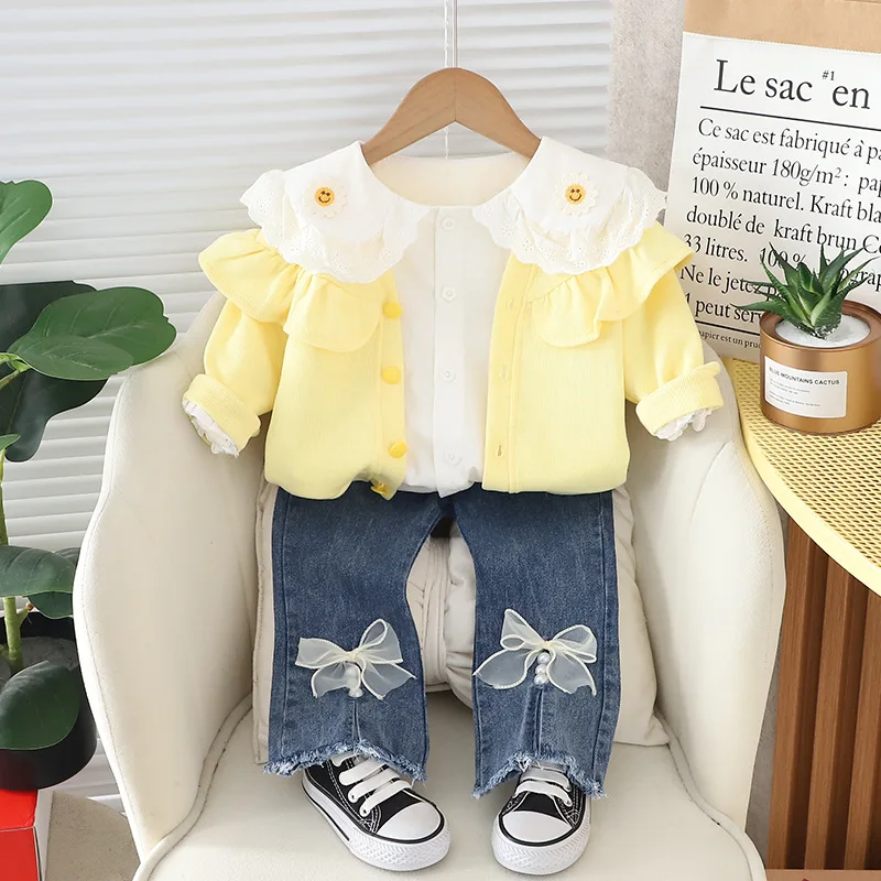 

2024 Korean Boutique Baby Girl Clothes 12 To 18 Months Clothing for Girls Yellow Single Breasted Coats White Shirts Pants Set