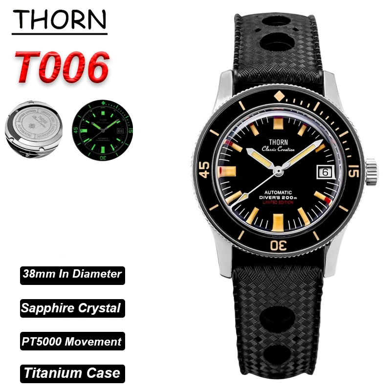 

Thorn 50-Fathoms T006 Автоматический механизм Механический титановый корпус PT5000 Механизм с сапфировым стеклом Светящиеся 38 мм Винтажные дайверские часы