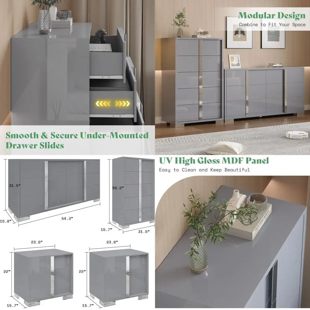 

Комплект мебели для спальни из 4 предметов с глянцевым покрытием: 2 прикроватные тумбочки, комод с 5 ящиками и комод с 6 ящиками, серый, металлические ручки