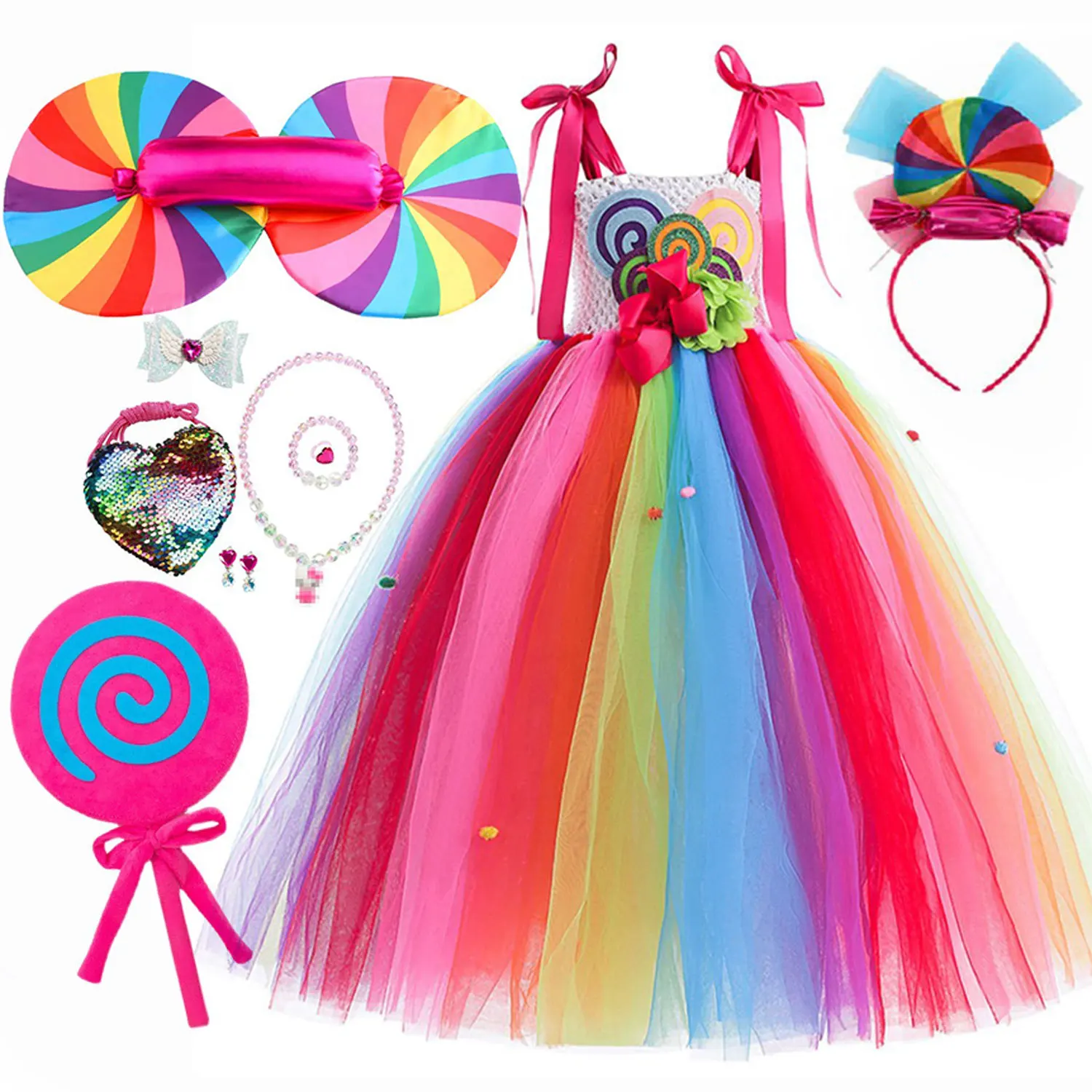 Children Cute Rainbow Candy Princess Dress Girls Christmas Carnival Lollipop Tutu Costume Kids Cosplay Performance Clothing Set