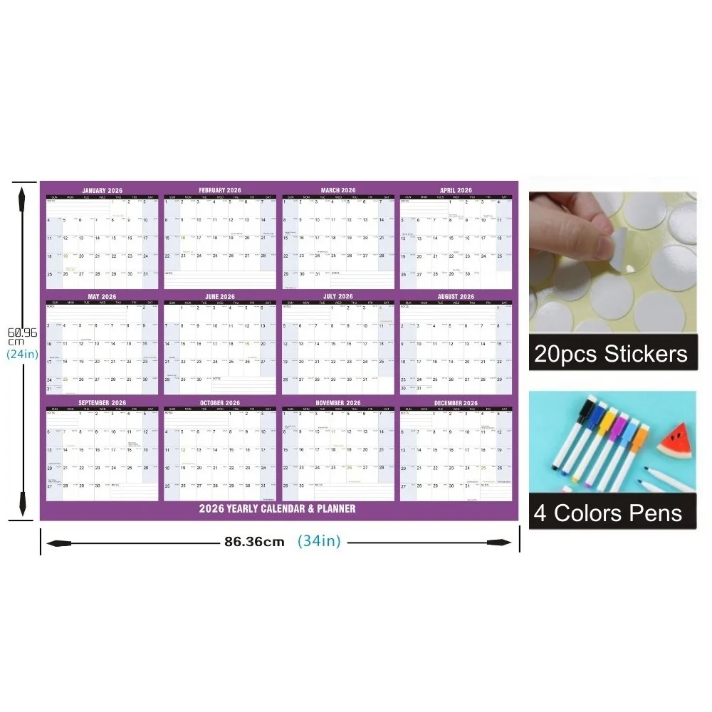 

New 12 Month Wall Calendar 32x48 In Large Wall Mount Laminated Calendar with Stickers Pens Wall Planner Office Use