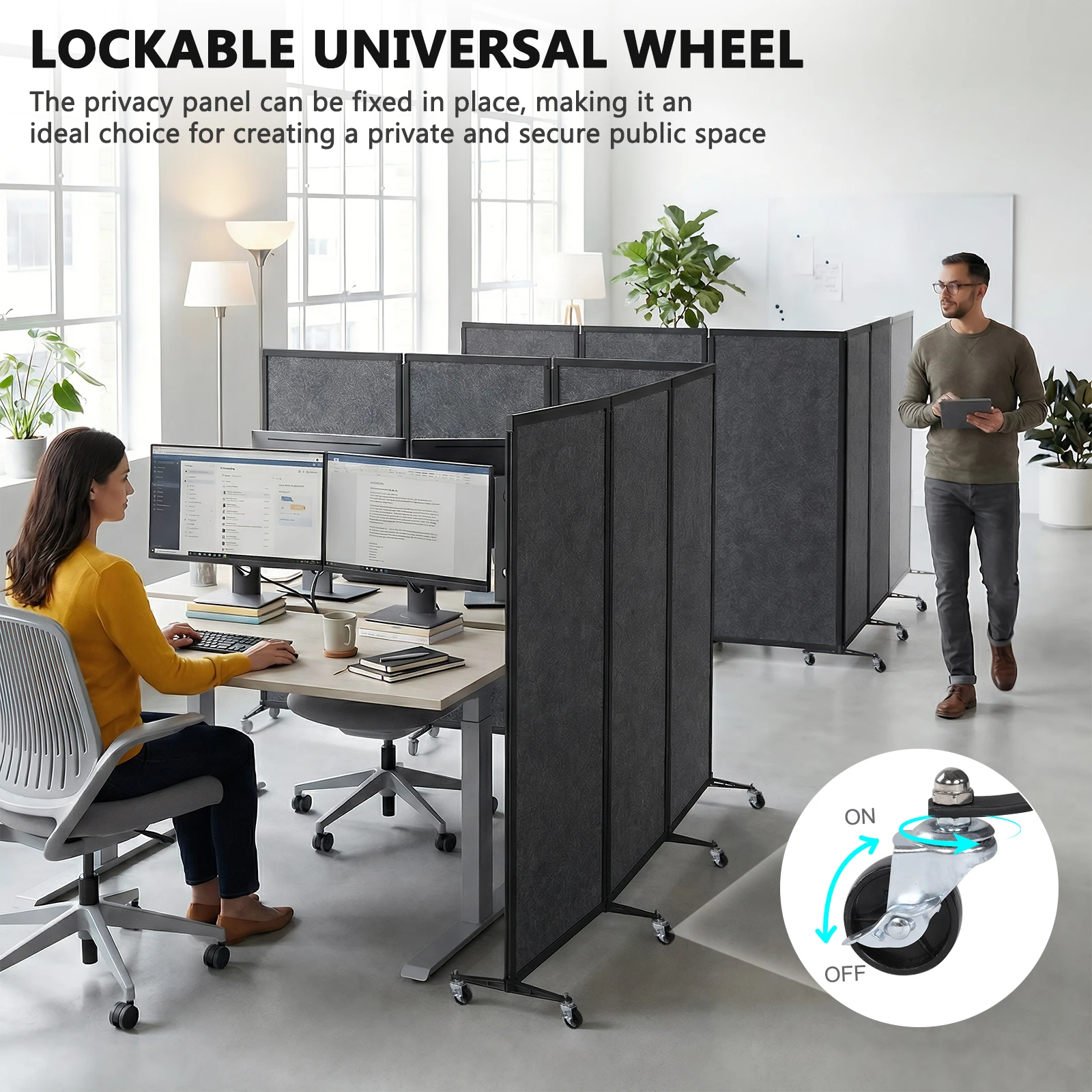 

Rolling Privacy Room Divider with Lockable Wheels Portable Fabric Wall Divider with Felt Board for Home Dorm Decor
