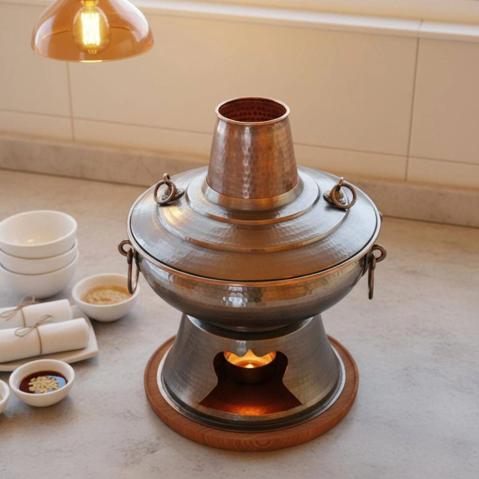 Traditional Beijing Hot Pot Chimney Top Charcoal Hot Pot Cooking Utensil Hammered Metal Cookware Handmade