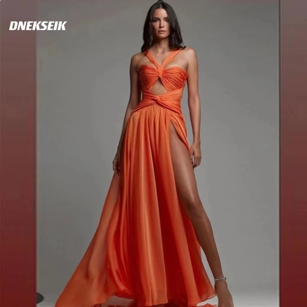 

Sexy High Side Slit Prom Dresses 2023 Orange Floor Length Pleat Sleeveless Long Evening Dresses فساتين سهرة