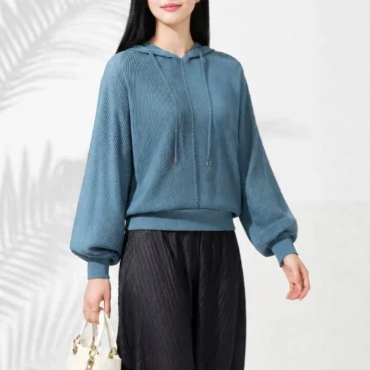 Miyake‑Inspired Pleated Hoodie Women, Drawstring Hooded Long Sleeve Loose Drop‑Shoulder Textured Pleated Casual Sweatshirt Tops