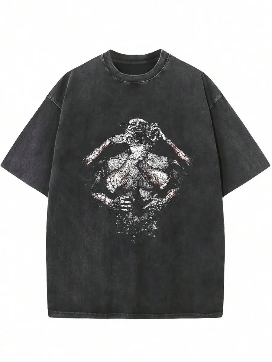 New Fashion Unisex Retro Streetwear T-Shirt Apparel, Distressed Solid Color Oversized Drop Shoulder Loose Hip Hop Crew Neck Basic Short Sleeve Tee