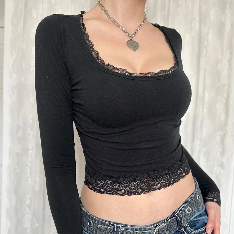 Chic Lace Vintage Crop Tops Y2K Square Collar Long Sleeves Slim Tshirts Korean Fashion Black Casual Women Clothes T-shirts Tee