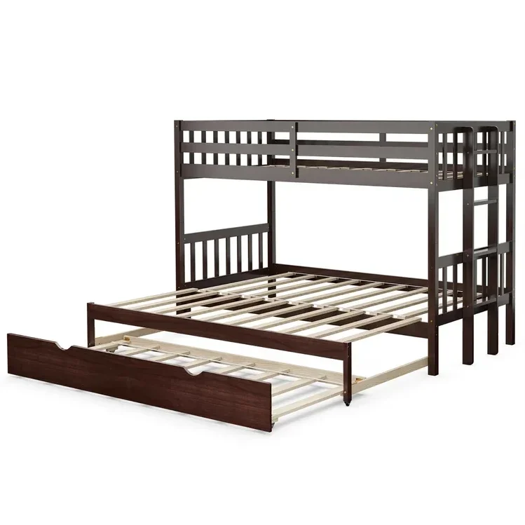 Twin Over Twin Standard Bunk Bed with Trundle Sturdy Twin Low Loft Bed Children Wooden House Bed