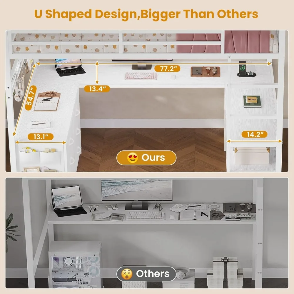 سرير علوي رائع بالحجم الكامل مع مكتب على شكل حرف U، و6 أدراج تخزين، ومخرج طاقة، وسرير علوي معدني LED مع رفين للتخزين، وسرير #3