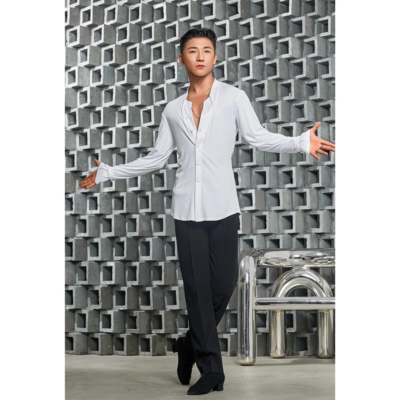 Male Latin Dance Shirt Practice Clothing Men Modern Dance Long Sleeve Top Adult Latin Samba Chacha Dance Practice Suit DQL10301