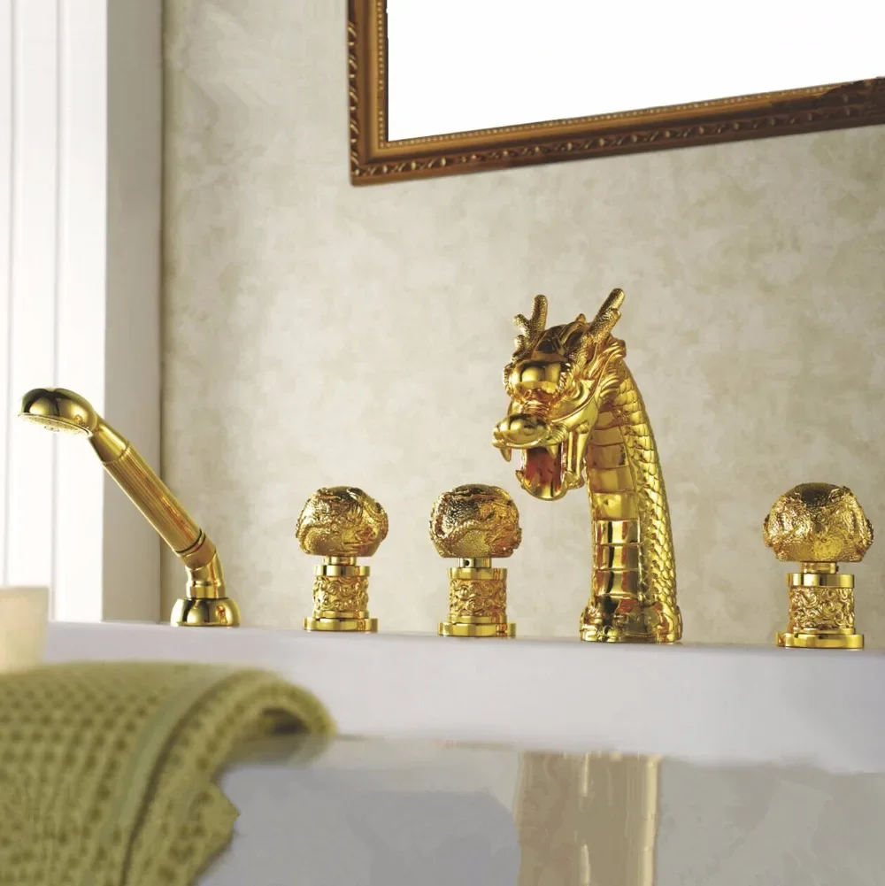 

Bathtub Faucet Brass Gold Dragon Waterfall Bathroom Sink Faucet Handheld Shower Deck Luxury Tub Widespread Mixer Tap L