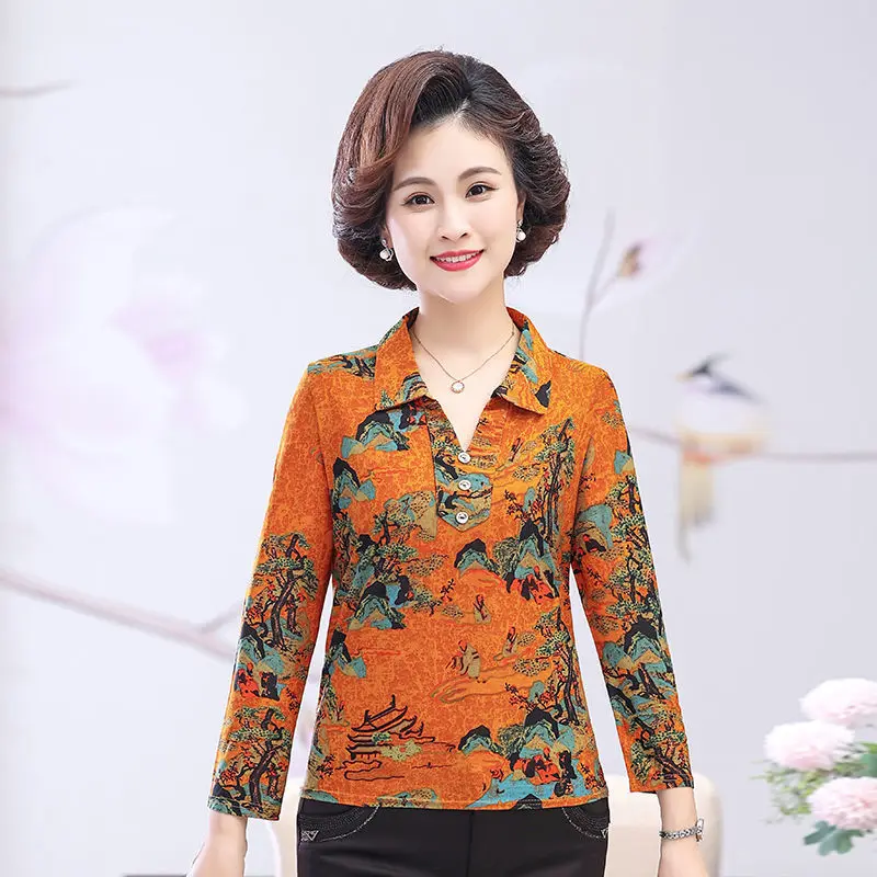 

Spring and Autumn Fashion New Lapel Pullover Printing Button Splicing Loose Cozy Supple Versatile Long Sleeves Tops