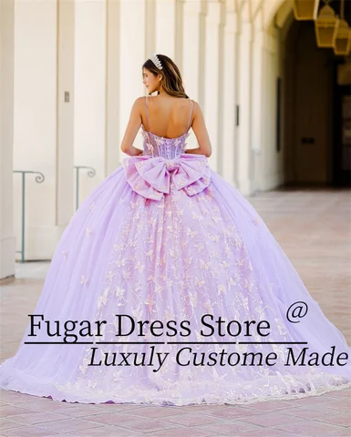 2025 Lila Prinsessa Balklänningar Quinceanera Klänningar 3D Fjärilsdekal Långärmad Transparent Tight Korsett Vestidos De XV Ano 10 best sales lila balklänning - №6
