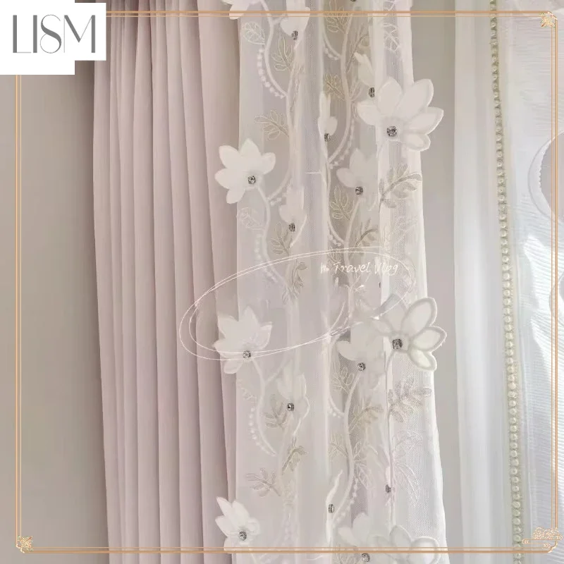 Custom Size Chenille Pink Romantic Curtains for Living Dining Room Bedroom Embossed Side Patchwork Fantasy Flower Princess Tulle