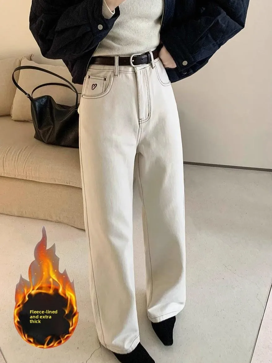 

Женские джинсы с вышивкой, на подкладке, с широкими штанинами, прямого кроя, с высокой талией, зимние, модные, высокоэластичные, износостойкие, из денима...