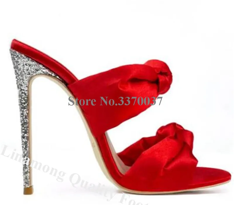 Glitter Stiletto Heel Patchwork Bowtie Sandals Linamong Open Toe Red Satin Knotted High Heel Slippers Bling Bling Wedding Heels