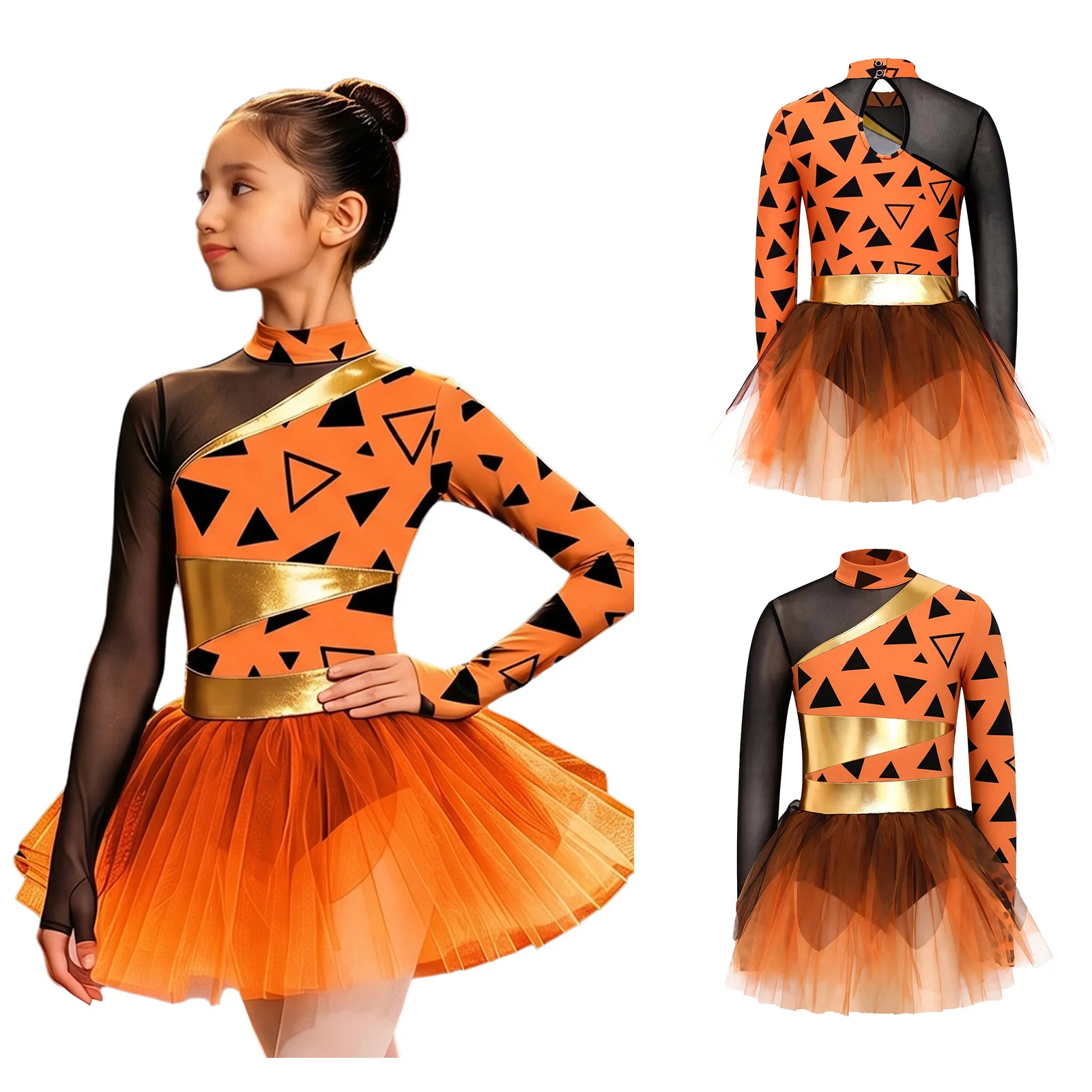 

Детское балетное платье-пачка с длинными рукавами и металлическими вставками, сетчатое, с принтом, со встроенными трусиками, для Хэллоуина и вечеринок