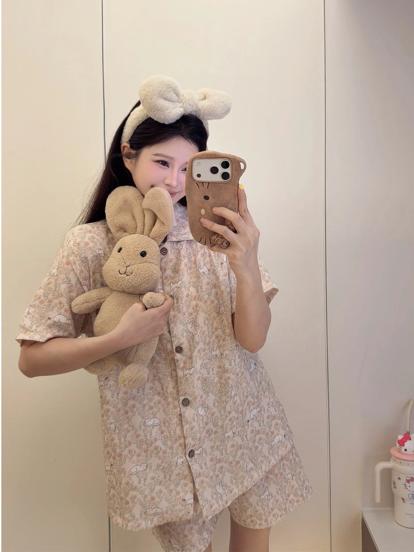 甘いレトロ花柄猫綿ナイトガウン女性夏軽量半袖ホーム服セット通気性ソフト綿ガーゼ