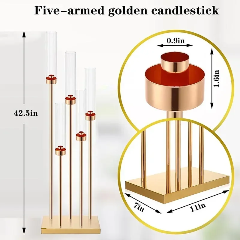 1pcs/lot Gold Floor Candelabra Centerpieces 42.5'' Tall Metal Candle Holders 5 Arms Candlestick With acrylic cover