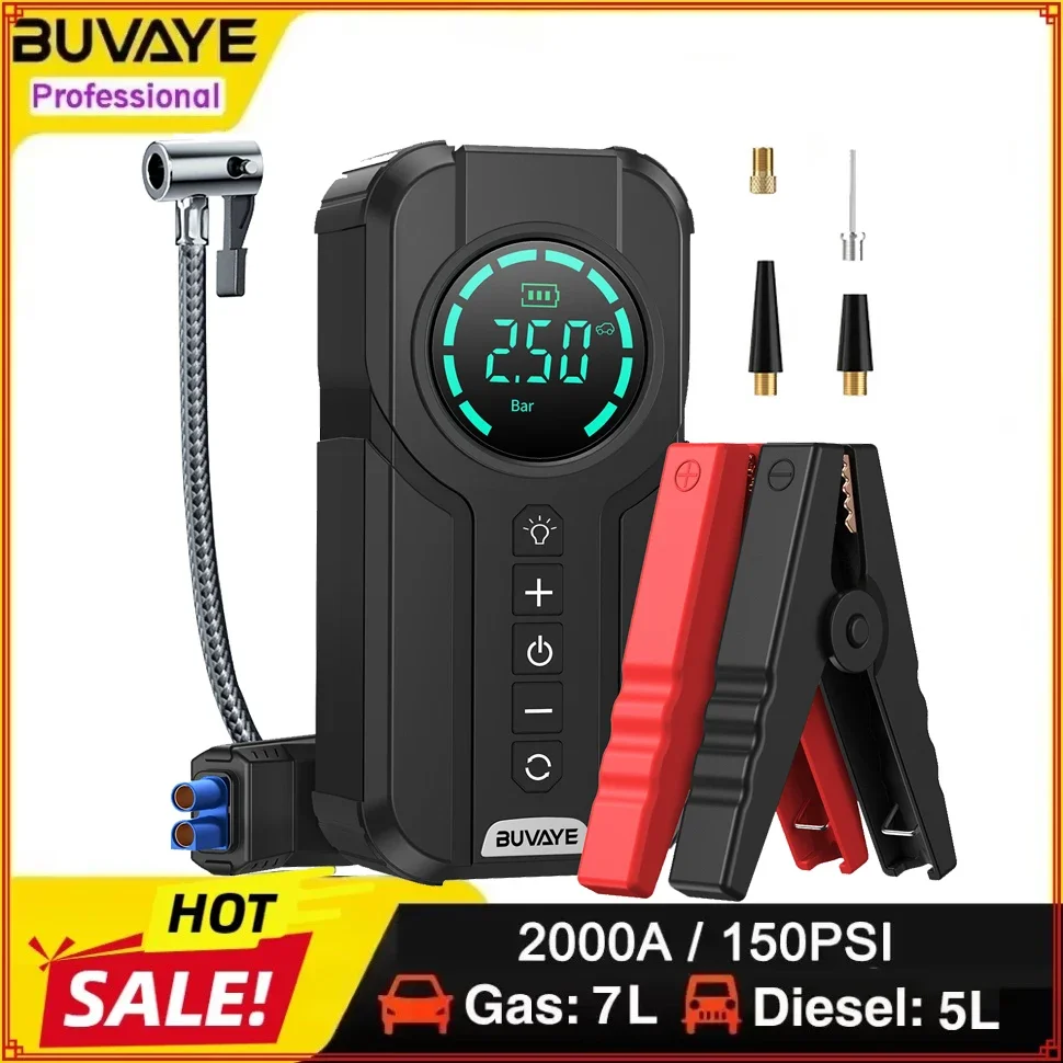 

BUVAYE Car Jump Starter, Tire Inflator, Convenient Portable Battery Starter, Air Pump, Multi-function Air Compressor for Car