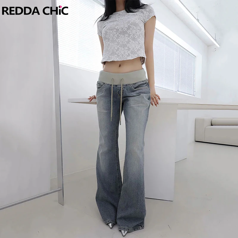 

ReddaChic Do Old Denim Bootcut Pants Women Lounge Y2K Rib Knitting Elastic Waist Baggy Flare Jeans 90s Retro Korea Streetwear