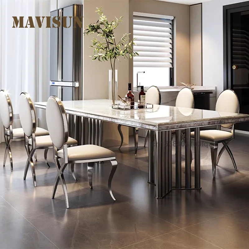 

Italian Style Stainless Steel Dining Table 160cm Marble Tabletop Sturdy Design For Home Villa Stainless Steel Dining Table