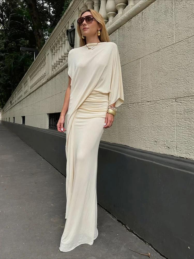 Sisterlinda Elegantes 2-teiliges Set für Damen, unregelmäßiger Saum, bauchfreies Oberteil + Falten, elastische Taille, lange Röcke, solide Elastizität, modischer Anzug