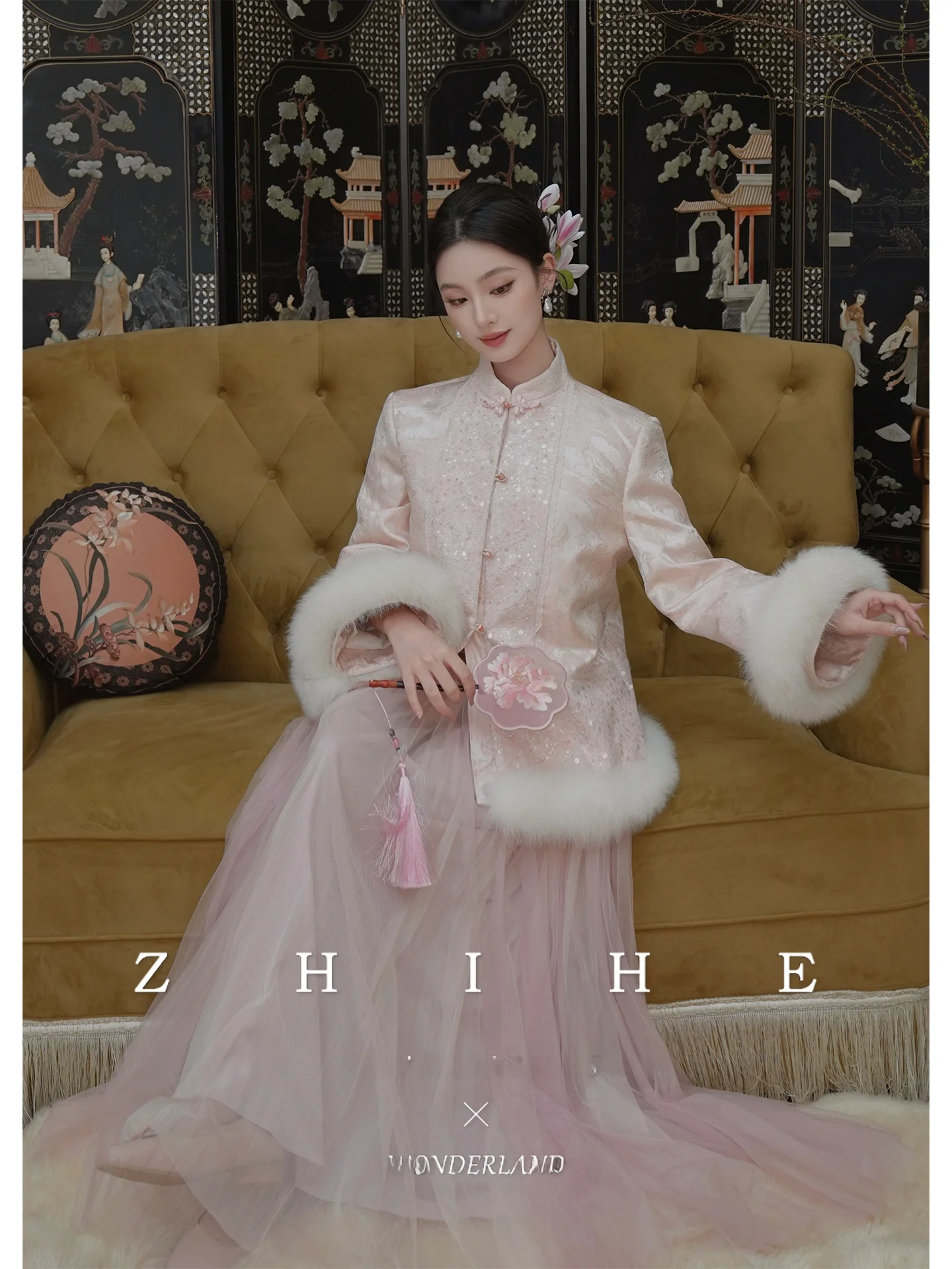 

Original New Chinese Sle Gold Tead Embroidery down Jaet Soft Light Yarn ves Skirt Princ Le Pei Warm Plant Floral