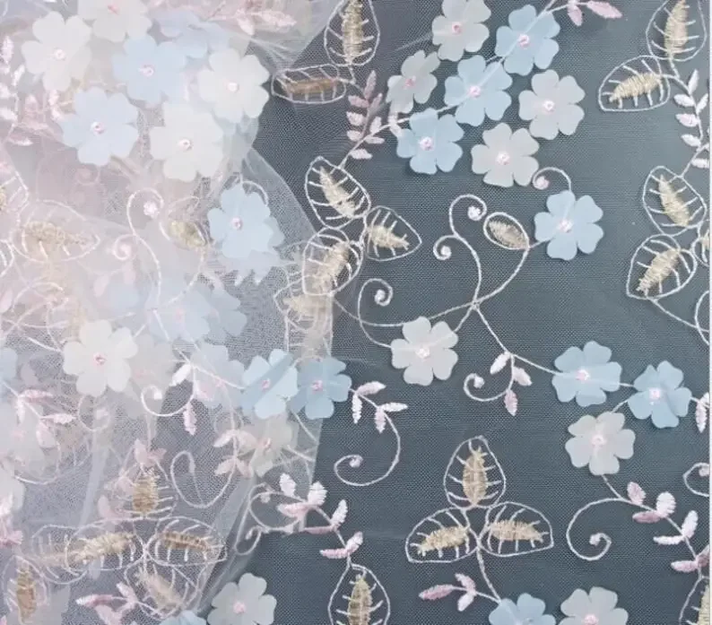 High Quality 3D Leaves Floral Fabric, gold thread embroidery Tulle Lace Fabric, Peach Flower Bud, Soft Sheer Embroidery Fabric