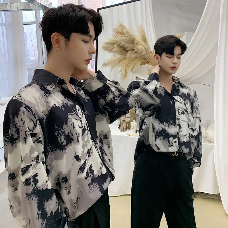 

Japanese Sle Long Sve Men's irt Neutral Print Club Nightclub Hairdrer Faionable Casual Loose Fit Youthful irt