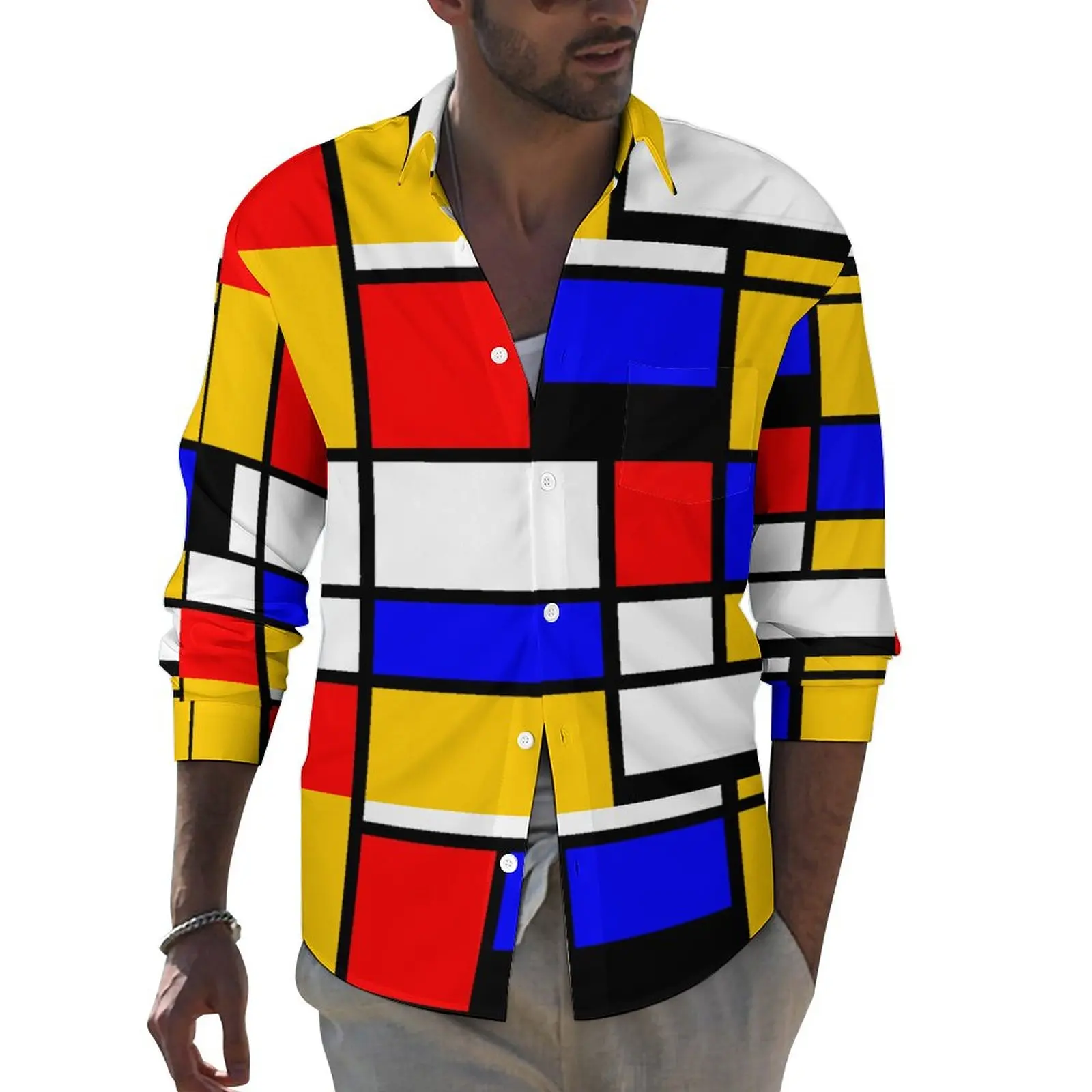 Multi Geometric Print Shirt Art Mondrian Style Casual Shirts Long Sleeve Design Street Blouses Autumn Loose Oversized Clothing