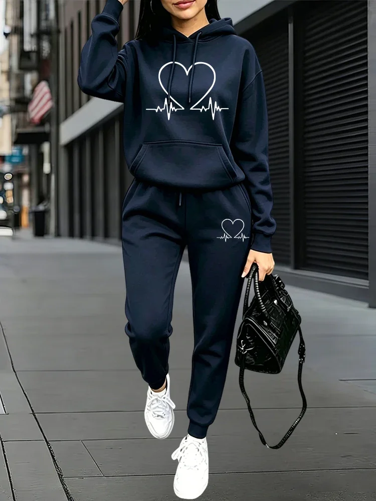 2026 New Arrival Women's Tracksuit Hoodie and Sweatpants Heart Printed Hooded Outfit Fall Winter Daily Casual Sports Jogger Suit view 3