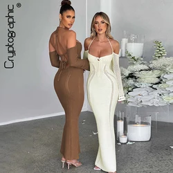 Krypto grafische schulter freie Neckholder-Strickkleid-Outfits für Frauen Langarm elegante sexy rücken freie Krawatte vorne Maxi kleider Vestido