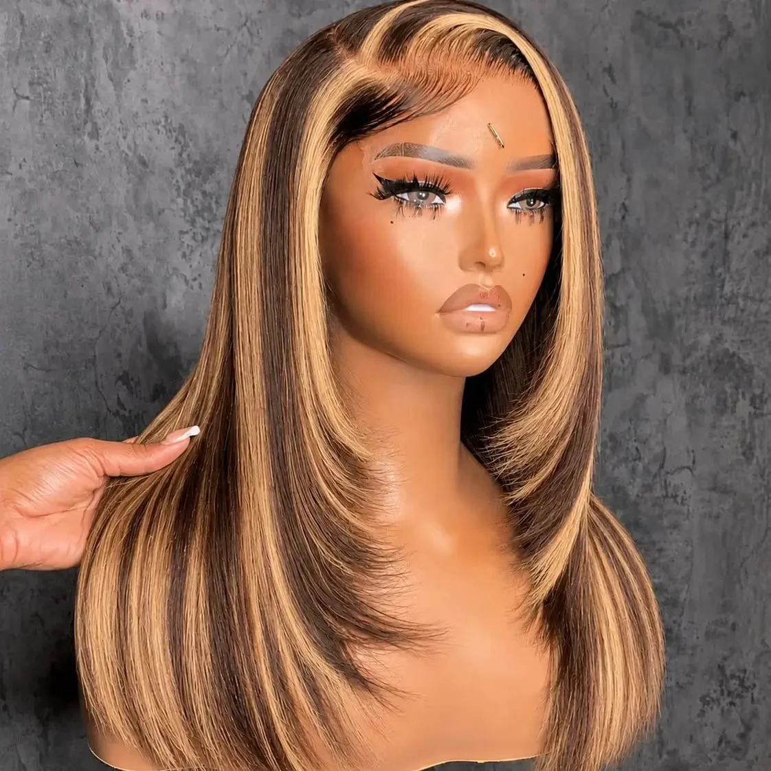 Highlight P4/27 Blended Human Hair Wig - 250% Density Piano Color Straight Hair - Pre-Plucked Hairline And Baby Hair -Ready To Wear Instantly Without Glue - Multiple Sizes Human Hair Wig For Women