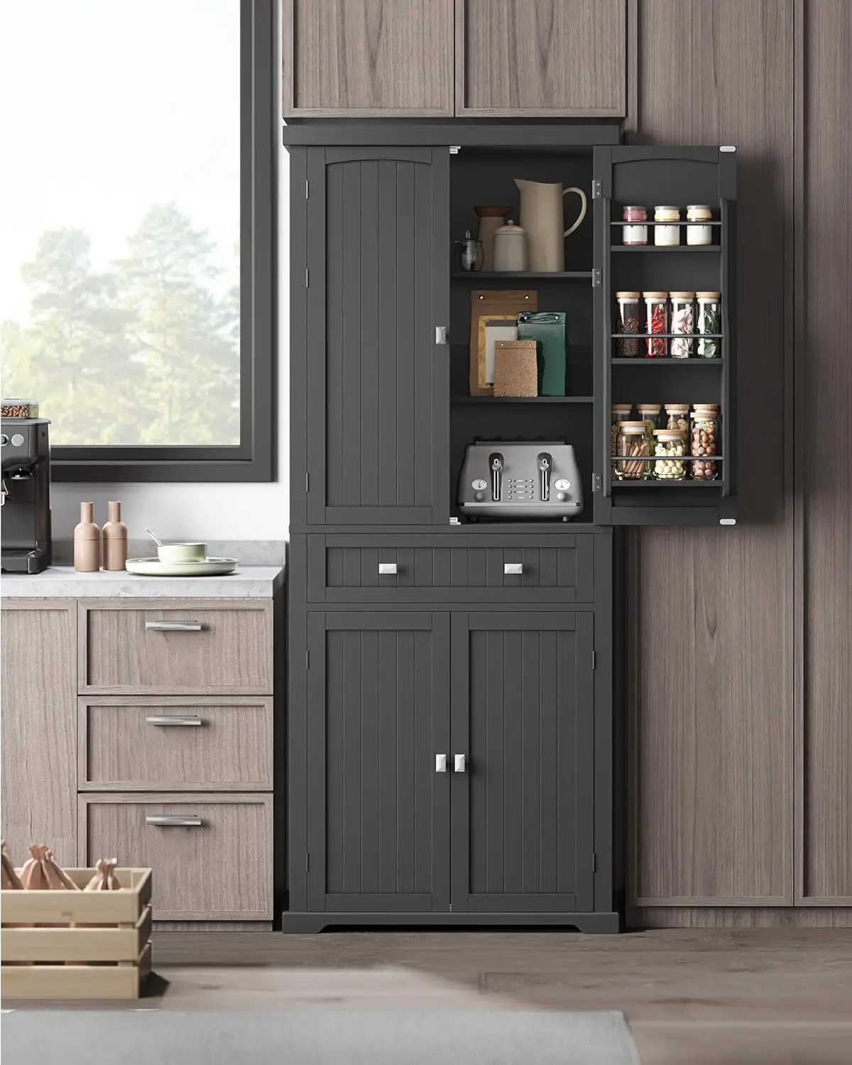 Pantry Cabinet, Freestanding Tall Cupboard Storage Cabinet with a Drawer, 2 Cabinets, 4 Adjustable Shelve